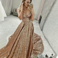 A Line V Neck Floor-Length Champagne Sequined Prom Dress  - Thumbnail 2
