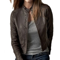 Black Biker Women's Jacket With Genuine Leather Front Fastening Zipper Handmade - Thumbnail 1