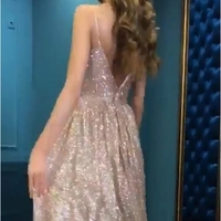 Sexy A Line V Neck Sequins Prom Dresses, Gorgeous Spaghetti Straps Formal Dresses, Evening Dresses, V Neck Graduation Dresses - Thumbnail 1