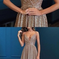 Sexy A Line V Neck Sequins Prom Dresses, Gorgeous Spaghetti Straps Formal Dresses, Evening Dresses, V Neck Graduation Dresses - Thumbnail 2