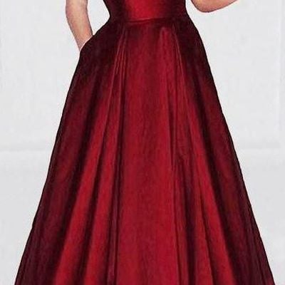 A-line v-neck spaghetti strap burgundy prom dresses long evening gowns