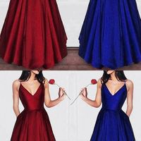 A-line V-neck Spaghetti Strap Burgundy Prom Dresses Long Evening Gowns - Thumbnail 1