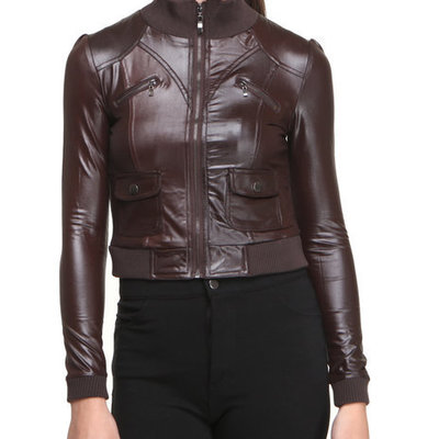 Women brown biker real jacket leather rib collar stretchable waist and sleeves - Thumbnail 2