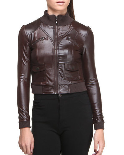 Women Brown Biker Real Jacket Leather Rib Collar Stretchable Waist and Sleeves