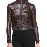 Women Brown Biker Real Jacket Leather Rib Collar Stretchable Waist and Sleeves - Thumbnail 4