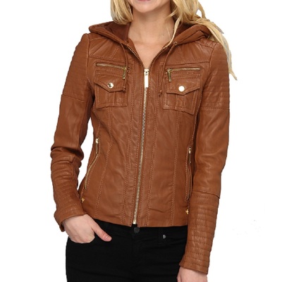 Hoody jacket women brown quilted front zipper genuine leather trendy fashion - Thumbnail 2