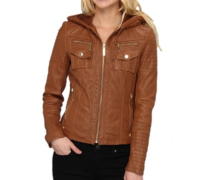 Hoody Jacket Women Brown Quilted Front Zipper Genuine Leather Trendy Fashion