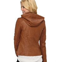 Hoody Jacket Women Brown Quilted Front Zipper Genuine Leather Trendy Fashion - Thumbnail 1