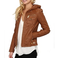 Hoody Jacket Women Brown Quilted Front Zipper Genuine Leather Trendy Fashion - Thumbnail 3