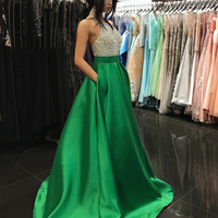 Bling Beading Bodice Green Satin Halter Evening Prom Dresses with Pockets - Thumbnail 1