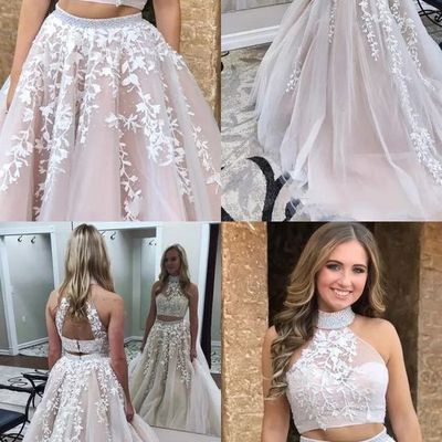 Two piece high neck open back long prom dress with appliques