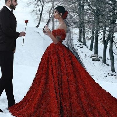 Ball gown off the shoulder red wedding dresses