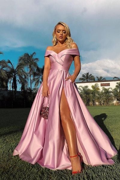 A-Line Off the Shoulder Pink Prom Dresses with Split