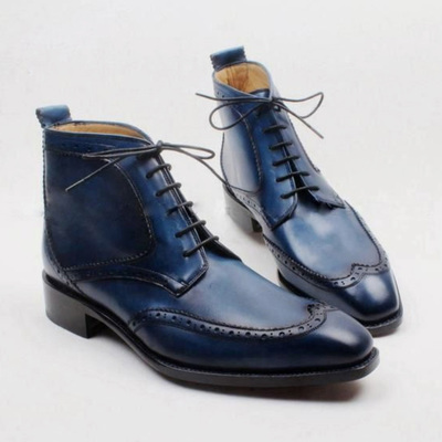 Latest handmade blue leather wing tip ankle high best personality formal boot in genuine leather - Thumbnail 5