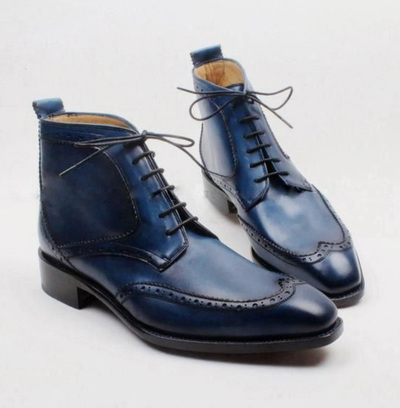 Latest Handmade Blue Leather Wing Tip Ankle High Best Personality Formal Boot In Genuine Leather