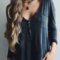 Long-Sleeved Fashion V-Neck T-Shirt - Thumbnail 1