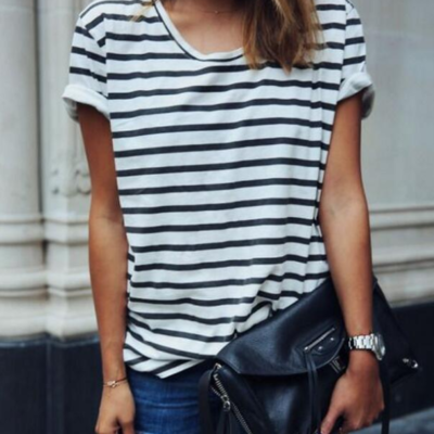 Loose women fashion striped t-shirt - Thumbnail 4