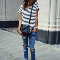 Loose Women Fashion Striped T-Shirt - Thumbnail 1