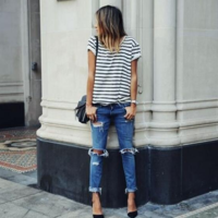 Loose Women Fashion Striped T-Shirt - Thumbnail 2