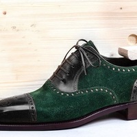 Men’s Handmade Green & Black Shoes, Men’s Leather & Suede Cap Toe Shoes - Thumbnail 1