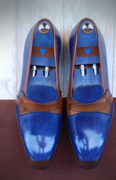 Men's Handmade Blue Leather Butterfly Loafers Two tone dress loafers for men