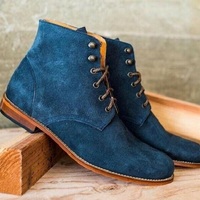 Handmade Men's Blue Suede Lace Up Ankle Boots, Men Designer Fashion Dress Boots - Thumbnail 1