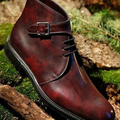 Handmade men's burgundy lace up buckle chukka boots, men leather designer boots - Thumbnail 1