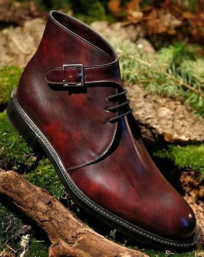 Handmade Men's Burgundy Lace Up Buckle Chukka Boots, Men Leather Designer Boots