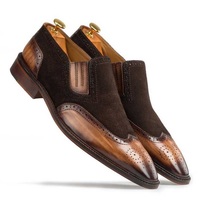 Men’s Handmade Brown-Tan Wingtip Slip On Shoe’s, Men’s Leather & Suede Loafers - Thumbnail 4