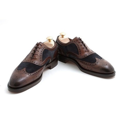 Men New Handmade Brown Leather Black Suede Wing tip Dress Formal Lace Up Shoes for Men's