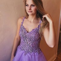 A-Line Beaded Lace Tulle Long Prom Dresses Formal Evening  - Thumbnail 1