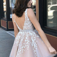 Cute A Line V Neck White & Blush Beading Homecoming with Appliques, Sweet Junior Homecoming Dress - Thumbnail 1
