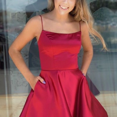 Scoop neck a-line cross back satin short homecoming dresses under 100 - Thumbnail 5