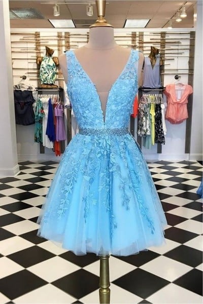 V Neck Lace Beaded Prom Dresses Short Homecoming Dresses