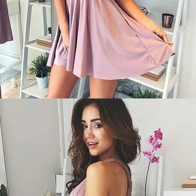 A-line deep v-neck lace-up blush pink chiffon homecoming dress - Thumbnail 5