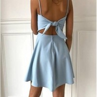 A-Line Sky Blue Satin Short Prom Dresses Homecoming Dresses - Thumbnail 1