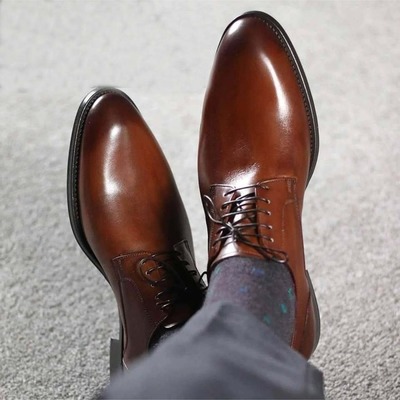 Handmade men's brown formal derby lace up round toe dress leather shoes - Thumbnail 2