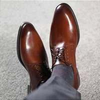 Handmade Men's Brown Formal Derby Lace Up Round Toe Dress Leather Shoes - Thumbnail 4