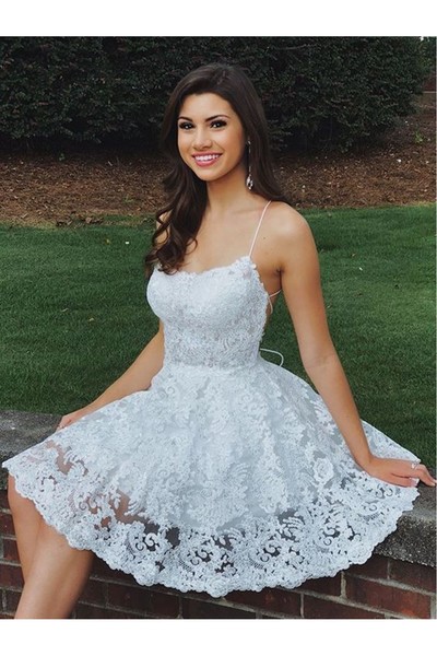 White Lace Scoop Neck Criss Cross Back Prom Dresses Short Homecoming Dresses