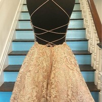 White Lace Scoop Neck Criss Cross Back Prom Dresses Short Homecoming Dresses - Thumbnail 1