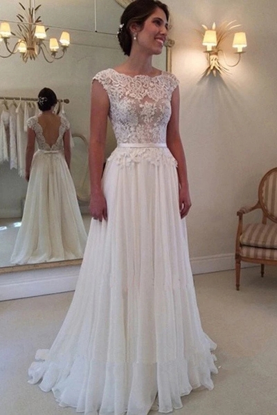A-line Lace Appliqued Cap Sleeves Ivory Chiffon Bridal Dress,Long Beach Wedding Dresses