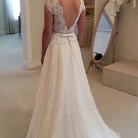 A-line Lace Appliqued Cap Sleeves Ivory Chiffon Bridal Dress,Long Beach Wedding Dresses - Thumbnail 1