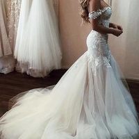 Off the Shoulder Mermaid Wedding Dress with Lace, Long Tulle Bridal Dress with Train - Thumbnail 2