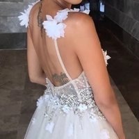 Deep V-neck Beading Prom Dresses,Straps Tulle Appliques A-line Custom Beach Wedding Dress - Thumbnail 2