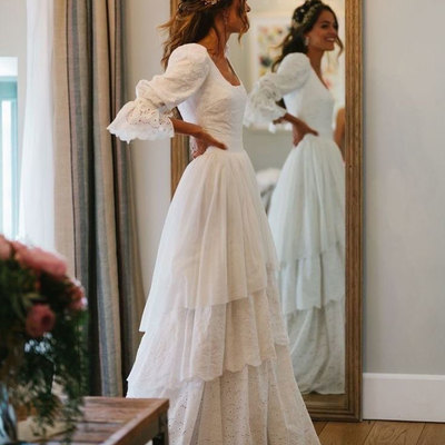Square wedding dresses bridal gown with sleeves - Thumbnail 4