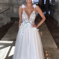 Deep V-neck Beading Prom Dresses,Straps Tulle Appliques A-line Custom Beach Wedding Dress - Thumbnail 1