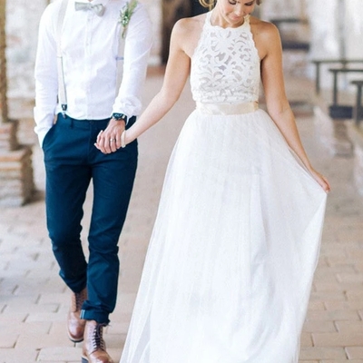 Simple jewel sleeveless wedding gown,lace top wedding dress,tulle beach wedding dress  - Thumbnail 4