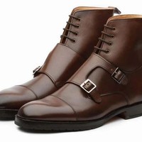 Handmade Men's Brown Cap Toe Leather Boots, Men Lace Up Double Monk Strap Boots - Thumbnail 4