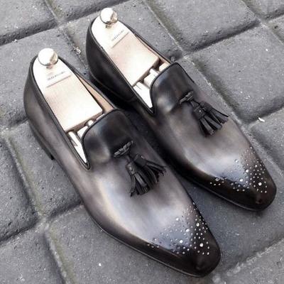 New handmade men's casual black leather tassels penny loafer shoes
