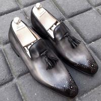 New Handmade Men's Casual Black Leather Tassels Penny Loafer Shoes - Thumbnail 1